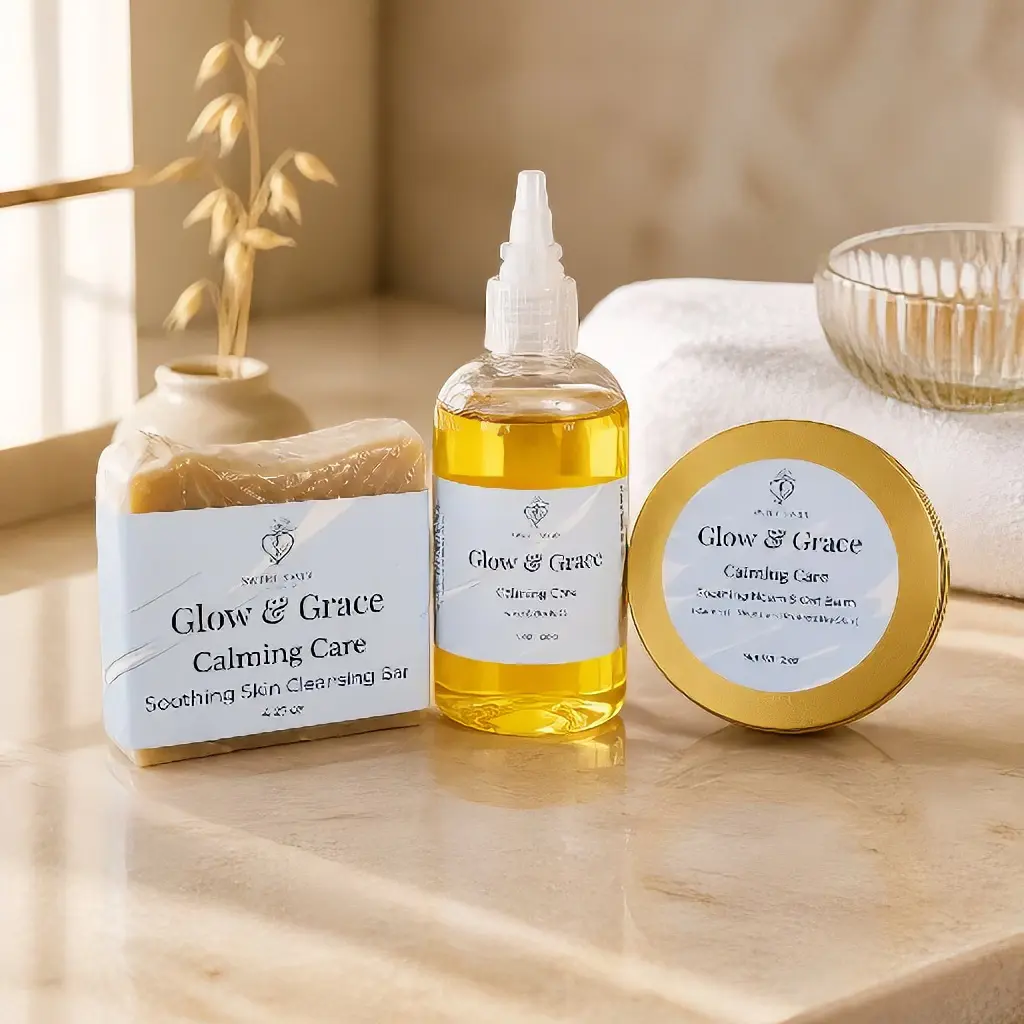 Glow & Grace Calming Care Bundle for Eczema Psoriasis & Dry Skin with Neem Oat Honey & Comfrey Essential Oils