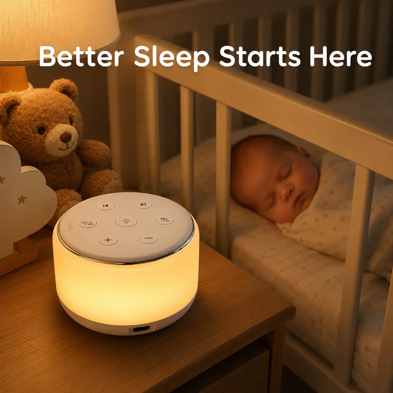 FamiSym White Noise Sound Machine with LED Light, Plastic Portable Speaker - 34 Soothing Sounds, Rechargeable, USB-C, Timer, for Nursery, Newborn Baby Shower Gift Adjustable Audio Compact