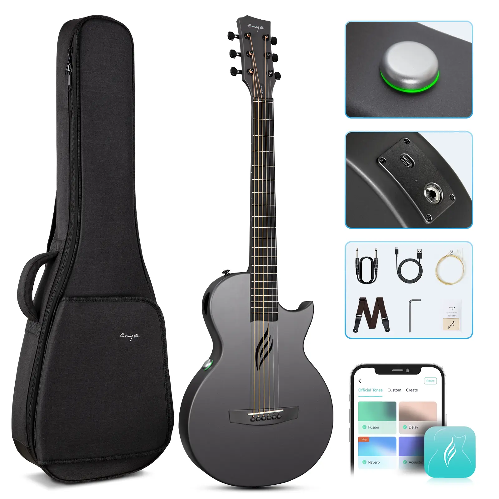 Enya NOVA GO SP1 Carbon Fiber Travel Guitar - 35" Acoustic Electric with Smart AcousticPlus Technology, Built-in Effects, USB Recording, Bluetooth Spe