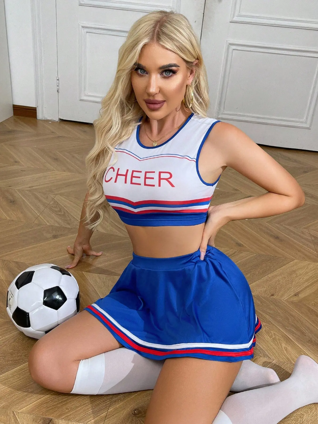 Women's Cheerleader Costume Set, Leopard Pattern, Contrast Lace Design, Fitted Sleeveless Top, Skirt & Socks, Perfect for Parties, Womenswear