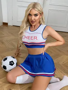 Women's Cheerleader Costume Set, Leopard Pattern, Contrast Lace Design, Fitted Sleeveless Top, Skirt & Socks, Perfect for Parties, Womenswear