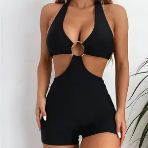 Black Halter Backless Shorts Swimwear Swimsuit Women One Piece Bathing Suit Wear Metal Hollow Out Monokini Bather 2026