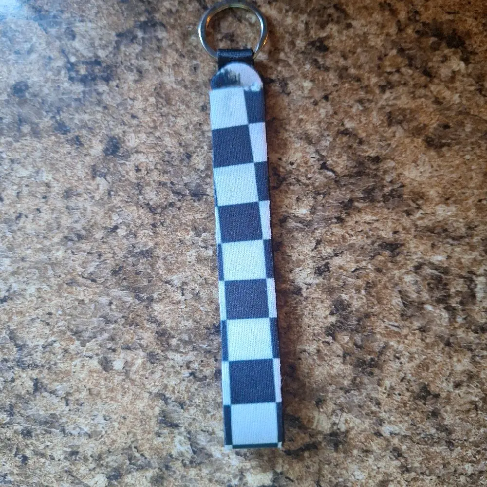 Wristlet Keychain Black and White Checkered with Black and White Stars Design