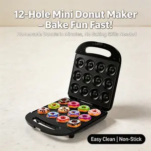 Automatic Mini Donut Maker12-Hole Mini Donut Maker, Non-Stick Electric Donut Machine, Quick Breakfast & Snack Maker for Homemade Mini Donuts, Easy to Clean, Perfect for Kids, Parties & Family Fun