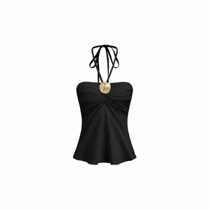 Cider Cotton-blend Halter Neckline Ruched Metal Detail Shirred Top for Summer Vacations, Lady Mid Size Elegant Top for Datenight & Beach Fashion