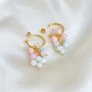 Gold Tone C Hoop Dangle Earrings for Women, Pastel Multi Color Shell Bead Grape Cluster Drop Ear Jewelry, Glossy Fruit Tassel Dangling Accessory for Daily Casual, Summer Beach & Sweet Outfit Styling