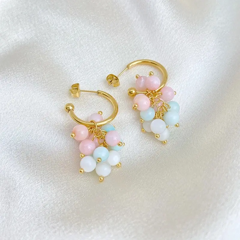 Gold Tone C Hoop Dangle Earrings for Women, Pastel Multi Color Shell Bead Grape Cluster Drop Ear Jewelry, Glossy Fruit Tassel Dangling Accessory for Daily Casual, Summer Beach & Sweet Outfit Styling
