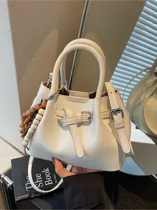 Unique, Non-Mass-Produced Gentle-Style Tote Bag Cream-White Pleated Metal Buckle Design Shoulder Bag High-Quality, Versatile Elegant Commuter Bag for Daily Outings and Shopping Trips - New Arrival