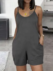 Minimalist slant pocket romper – womens loose fit casual summer playsuit in dark grey
