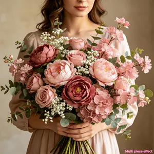 Set of 16 Luxurious Large Artificial Flower Bouquets — Bean-Red Peonies with Realistic Touch & Feel — Ideal for Weddings & Engagements, Holiday Decor, Photography Props, Wedding Decorations, Bridal Bouquets, and Outdoor Decor — (Vase Not Included)