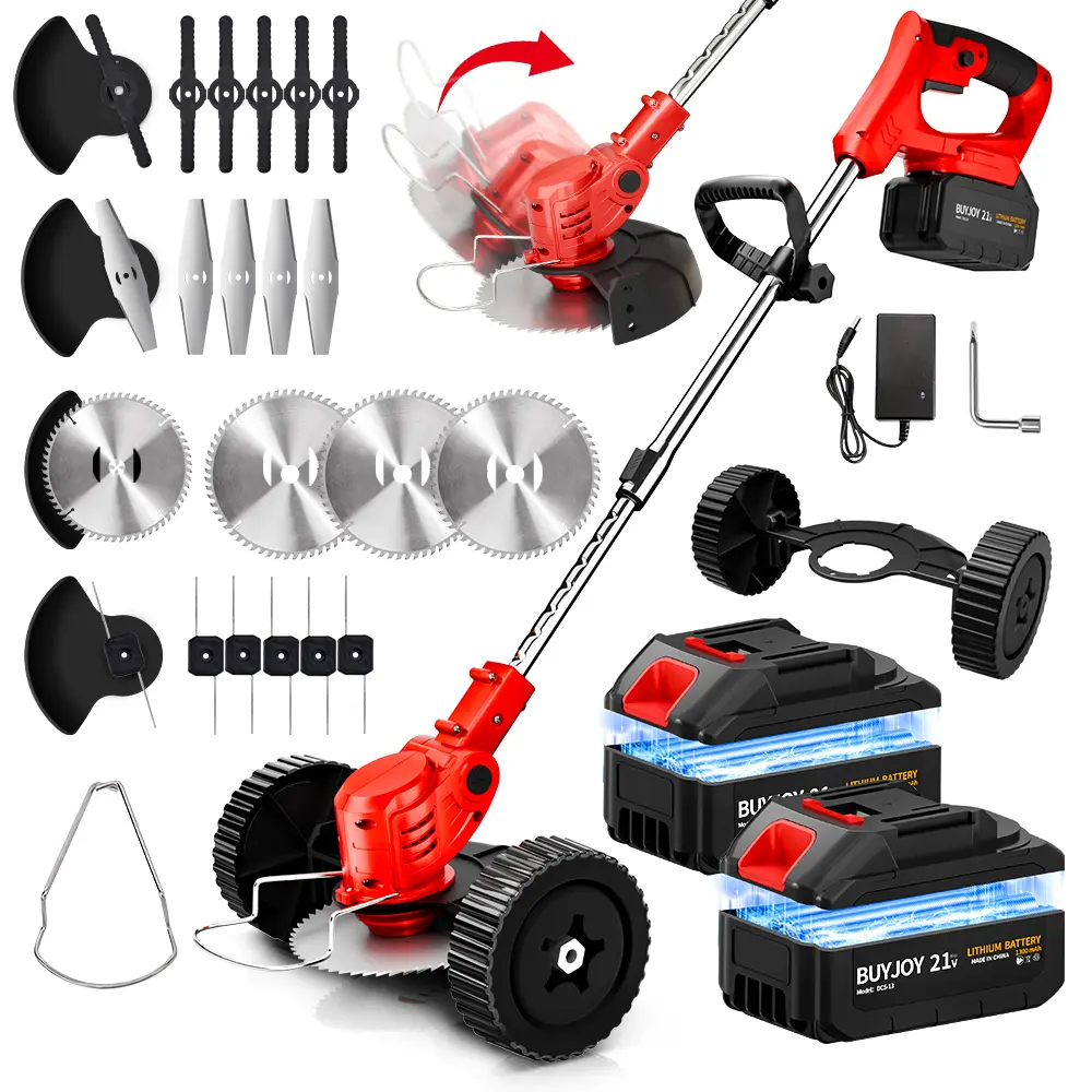 Electric Weed Wacker Cordless Grass Trimmer with Batteries & Fast Charger, 3 in 1 Stringless Lightweight Brush Cutter/Edger/Mower with 3 Types Blade & Wheels for Garden and Yard Lawn