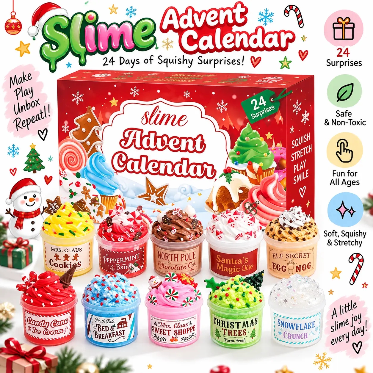 Christmas 2026 Advent Calendar -24 Days of Slime and Charms Kit - Valentine Countdown Calendars Gifts for Girls Boys Kids Teens Toddlers