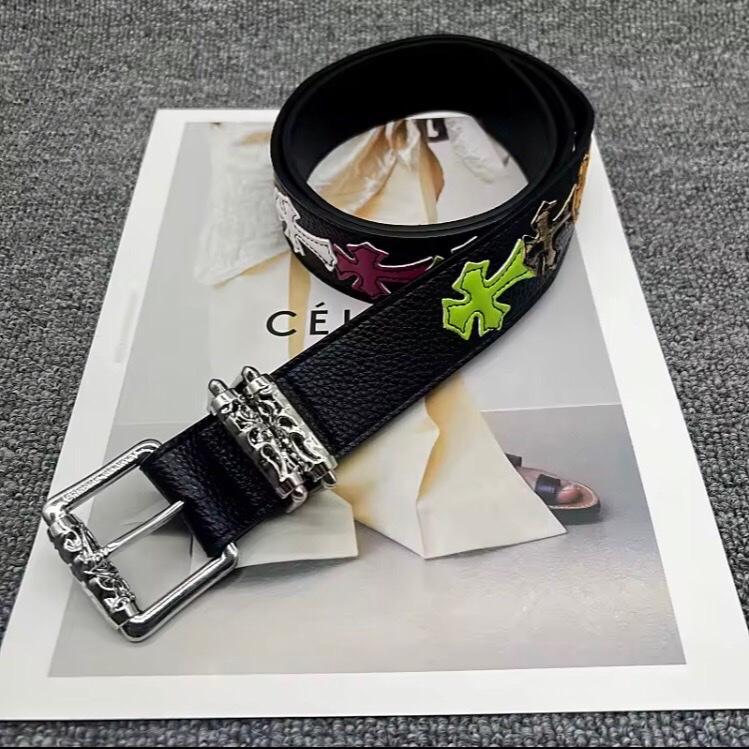 Vintage Black Leather Flower Cross Belt Gothic Y2K Belt Silver Buckle Unisex Women's Soft