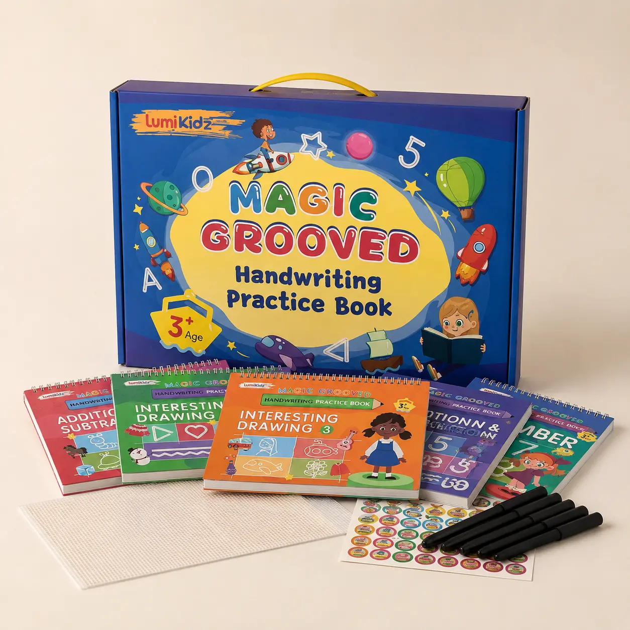 [School Must-Haves]LumiKidz Reusable Grooved Handwriting Workbook for Kids, Learning Materials, 7 Books–Early Elementary, Covers Math, Words, Drawing –Gift for Children Lettering Spiral Notebook school supplies,kids learning materials