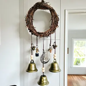 Boho Rattan Rustic Farmhouse Design Wall Hanging Bell Decor, Woven Rope Door Handle Decoration, Blessing Bell Ornament for New Year, Wedding, Birthday Party