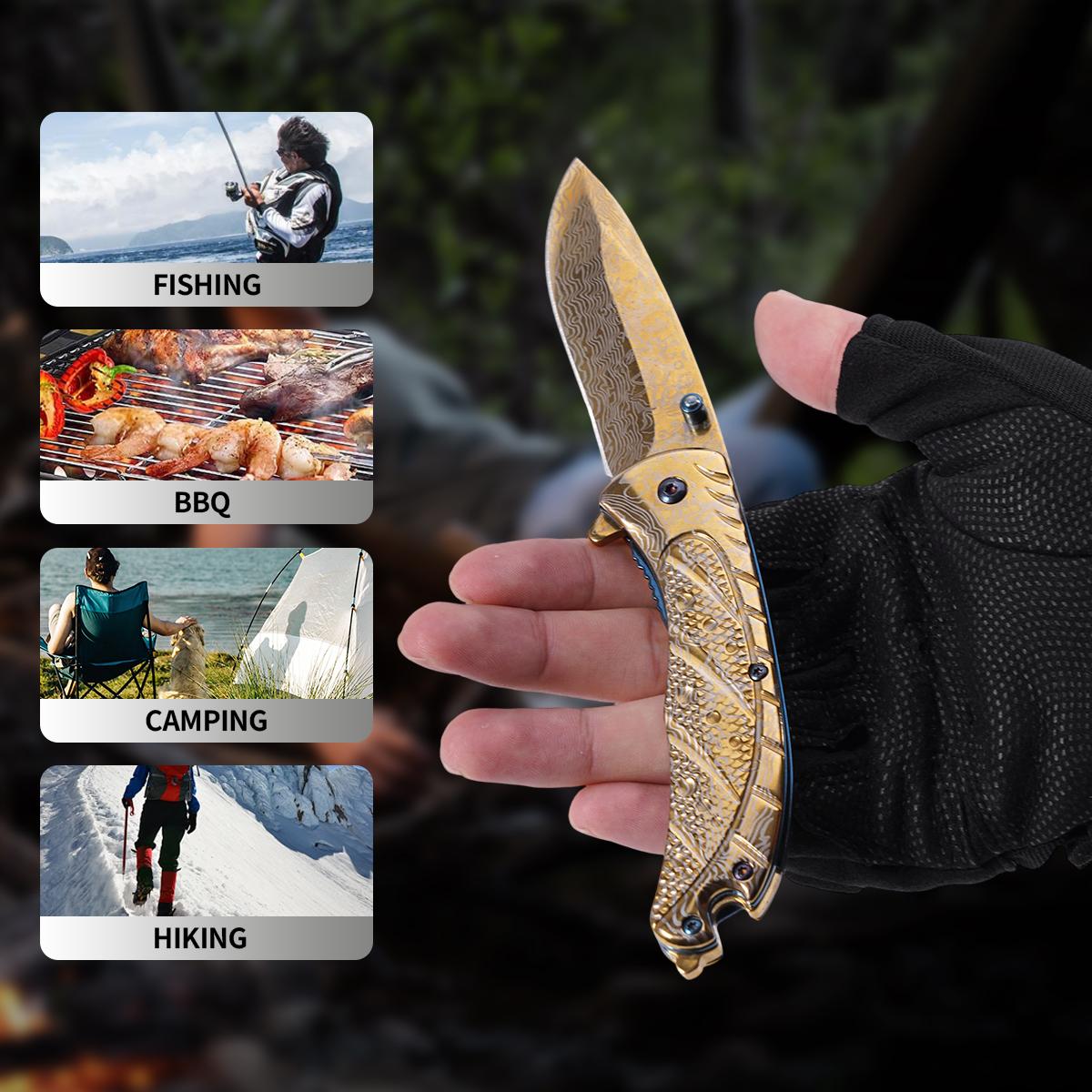 Golden patterned folding knife, camping, barbecue, mountaineering, hiking