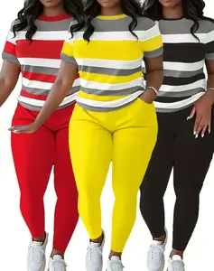 Plus Size Womens Casual Lash Sets Crew Neck Short Sleeve Top & Pocket Pants Outfit With Medium Stretch Stripes Elegant Polyester Fabric For Daily & Outdoor Scenes