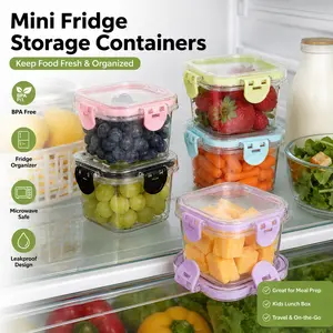 5PCS mini refrigerator storage containers for transparent bento snack boxes used for storing fruit sauce, yogurt, kimchi, and other food items. They are reusable and suitable for use in homes, schools, picnics, offices, and more