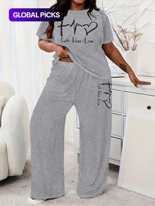 【plus size】 two-piece set letter print tee & pants, casual round neck short sleeve t-shirt & trousers, women's summer clothes for daily wear, womenswear