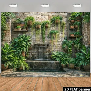 2D Flat Banner, 1pc A Themed Backdrop Featuring a Serene Stream in a Garden Setting with a Forest-Style Stone Wall Design, Including Elements Like a Gentle Waterfall, Hanging Greenery, And a Pond. Made from Pol