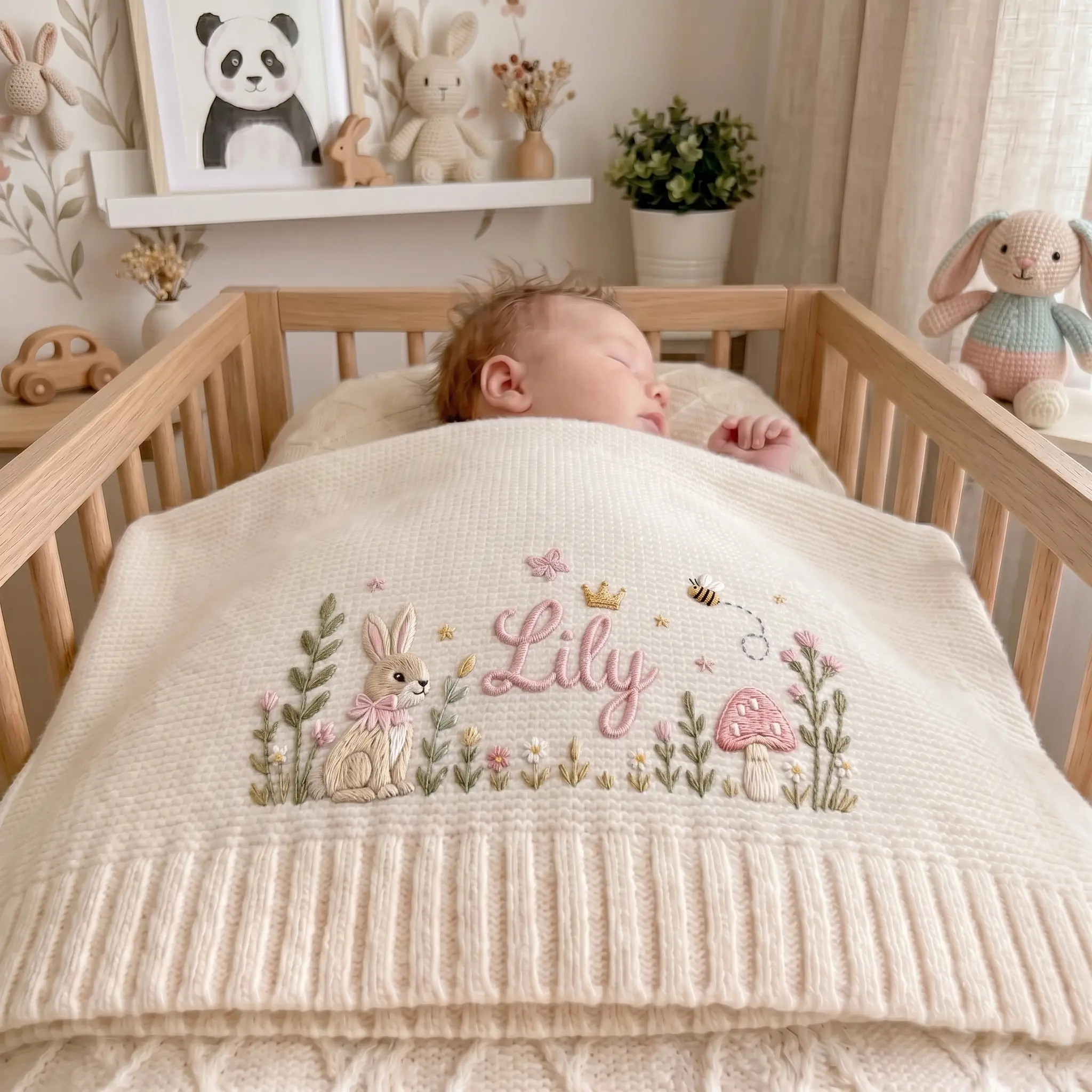 [Made-to-Order] Personalized Embroidered Bunny Floral Knit Baby Blanket,Custom Name for Newborn, Keepsake Gift