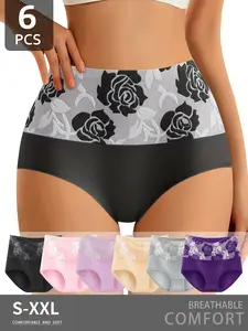 QUASTI 6-Piece Elegant High-Waisted Cotton Tummy Control Panties for Women, Color-Blocked Printed, Soft and Breathable Light Fabric, Butt-Lifting Panties, High Elasticity and Comfort Womenswear, Floral Pattern, Sizes S-XXL