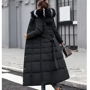 Women's New Winter Long Down Cotton Parkas (Beige) - Over Knee, Loose, Fur Collar Hooded Warm Coat with Asian Check Lining, Windproof Water-Resistant, Multiple Pockets Womenswear Jackets