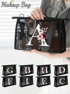 Mesh Bag with Creative Flower Letters A-Z, Transparent Cosmetic Storage Bag, Large Capacity Travel Portable Pouch