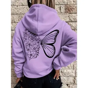 Casual Purple Hoodie with Intricate Butterfly & Floral Design - Trendy Long Sleeve,  Polyester, Machine Washable Sweatshirt with Drawstring Hood, Casual Wear Hoodie| Casual Style Hoodie| Durable Casualwear, Oversized Hoodie