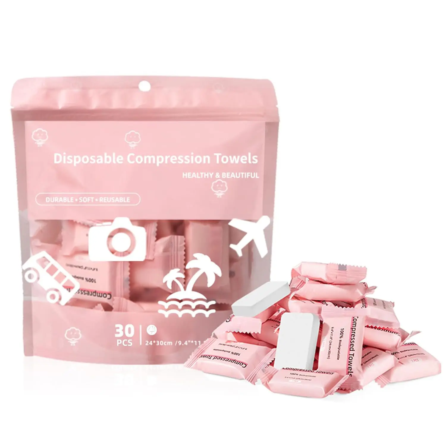 Compressed Facial Towel Tablets - 30 Count Disposable Skincare Wipes, Camping Must-Have for Travel, Large 9.4" x 11.8" Skincare Tool