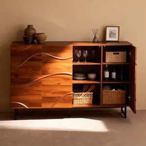 Modern Sideboard 59" Wave Storage Cabinet, Walnut Finish Buffet Cabinet with 8-Compartment Adjustable Shelves & Metal Legs, Push-to-Open Living Room Console Cabinet