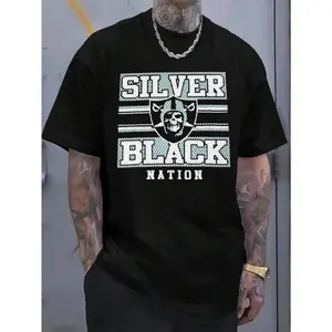 Raiders Graphic T-Shirt for Men, Black Silver Football Streetwear Tee, Casual  Cotton Crew Neck Short Sleeve Shirt, Stretchy Breathable Fabric, Trendy Sports Fan Graphic Top, Comfortable Daily Wear, Unisex Fit, Perfect Gift for Football & Raiders Fans