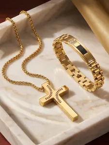2-piece Set Bible 1:9 Cross Gold Necklace Light Luxury 18K Bracelet Set, Diamond Inlaid / Stainless Steel / Fade Resistant / Hypoallergenic / Couple Style / Festival / Party / Ideal Gift