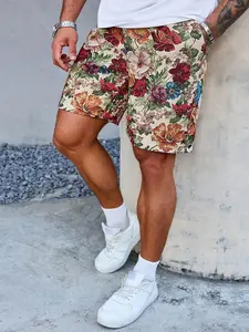 Manfinity Roughcore Men's Casual Daily And Beach Vacation Style, INS Matching Item: Classic Fashionable Casual Red Vintage Luxurious Floral Textured Jacquard Elastic Waist Shorts. This Set Is Perfect For Spring And Summer Shorts