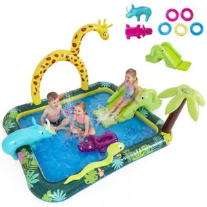 Kids Inflatable Water Play Center 74 Inch, Marine Spray Pool with Shark Slide, Lighthouse Sprinkler Splash Pool, Outdoor Backyard Summer Pool for Toddlers