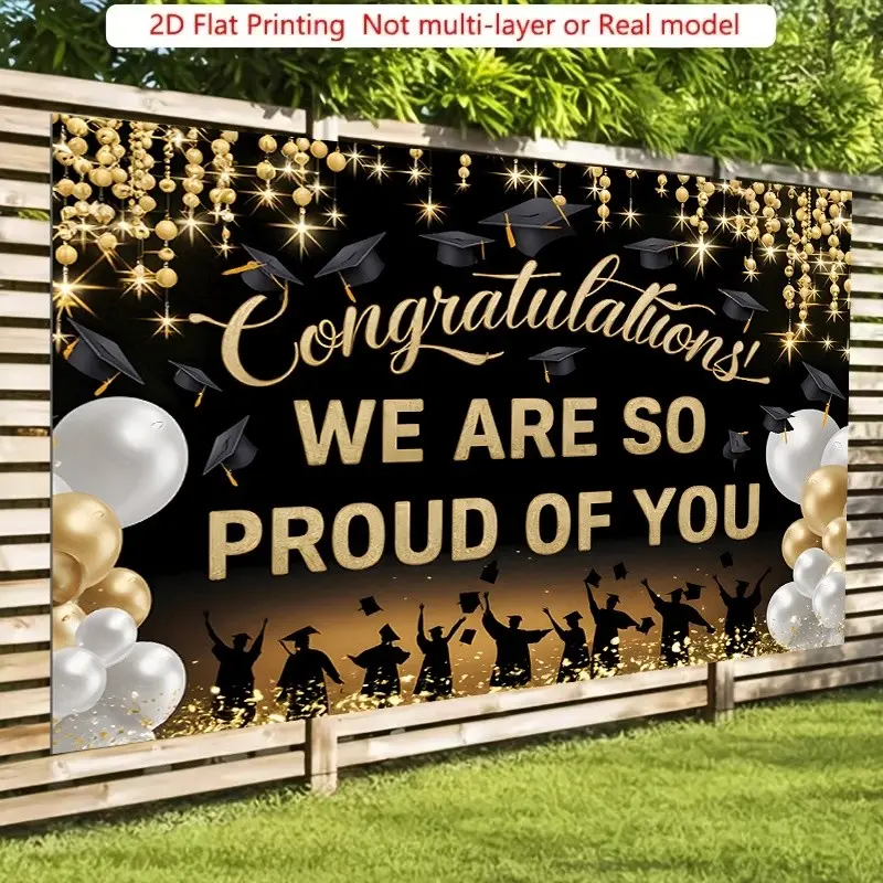 2D Flat 1pc Black Gold Congratulations We Are So Proud Of You Graduation Backdrop Banner, Graduation Theme Backdrop, Grad Cap Silhouette Balloon Photography Background, Ideal for Graduation Ceremony, Photo Booth Decor, Multiple Sizes Available