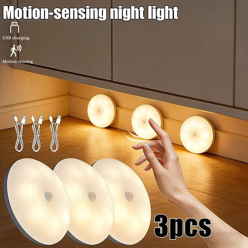 3-Pack Motion Sensor Wall Lights, 8led Bright Bulbs, Wireless Always-On + Pir Night Light, USB Rechargeable Stair Light, Bathroom Lighting, High Brightness, LED Wall Sconces