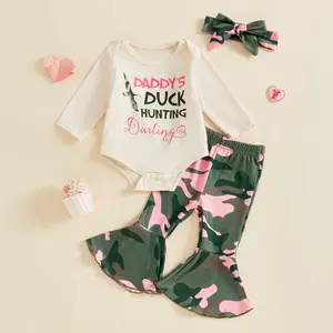Baby Girl Hunting Outfit Daddy's Duck Hunting Darling Pink Camo Flared Pants Bow Headband Infant Bell Bottoms Set Cute Newborn Coming Home Spring Autumn Clothes