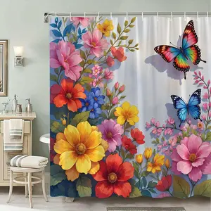 1pc Vibrant Insect-Themed Shower Curtain, Illustrated Flower & Butterfly Design – Pink, Red, Blue, Green Butterflies, Yellow, Pink, Blue Detailed Flowers on Metallic Silver Background (Shower Curtains for Bathroom), Insect-Themed Shower Curtains