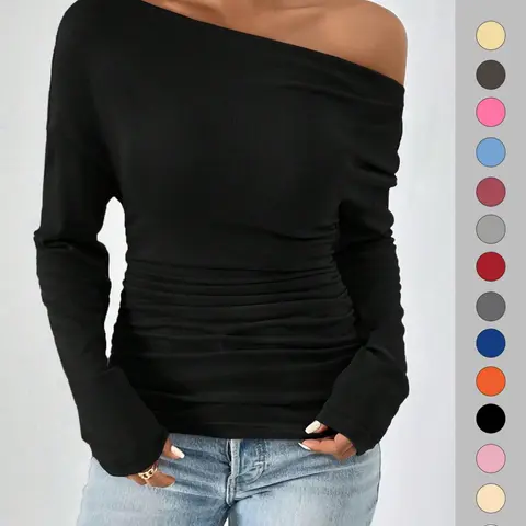 Women's Plain Ruched Asymmetrical Neck Drop Shoulder Tee, Casual Style Long Sleeve T-Shirt for Spring & Fall, Women's Top for Daily Wear