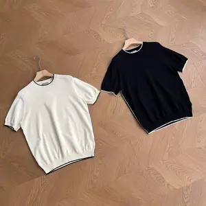 Italian Summer Knit Tee Ultra Fine Cooling Yarn Contour Defining Trim & Shoulder Structure Preppy Vintage Vibe Men's Premium Summer Knit Cooling Fabric Structured Crew Neck Slim Fit