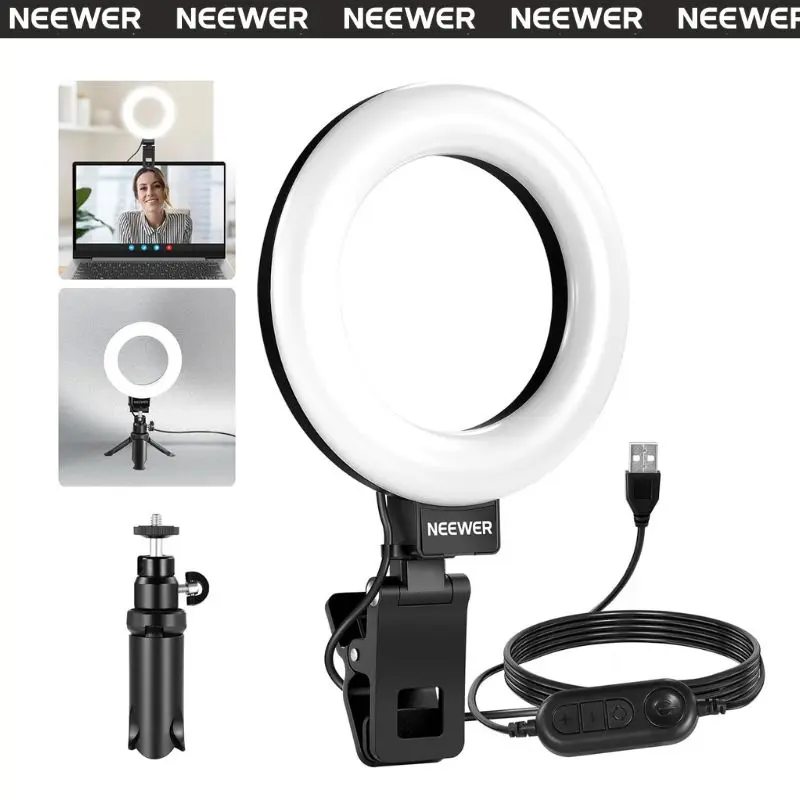 NEEWER BR60 5" Bi-Color Mini Ring Light, USB Powered LED Selfie Light with Adjustable Brightness & Color Temperature, Clip-On & Tripod Mount for Video Calls, Zoom, Live Streaming & Makeup