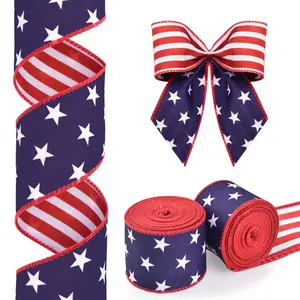 2 Rolls Patriotic Wired Edge Ribbon Stars and Stripes Reversible Ribbons Red White Blue Decorative Ribbon for 4th of July Memorial Day Bow Wreath Making DIY Crafts (Classic) Decoration Ornaments