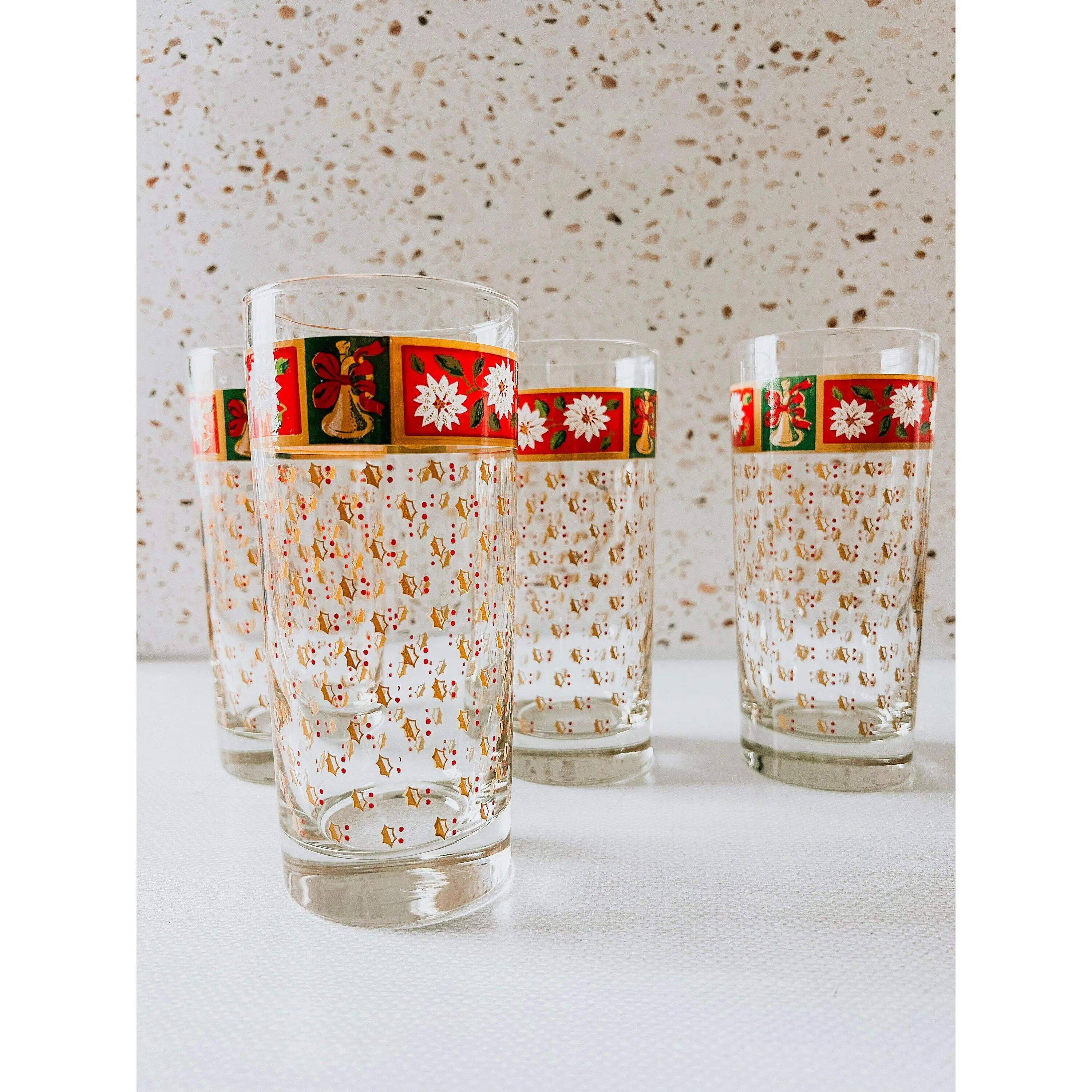vintage Christmas glassware by Kobe Charlton Hall, holly christmas glasses