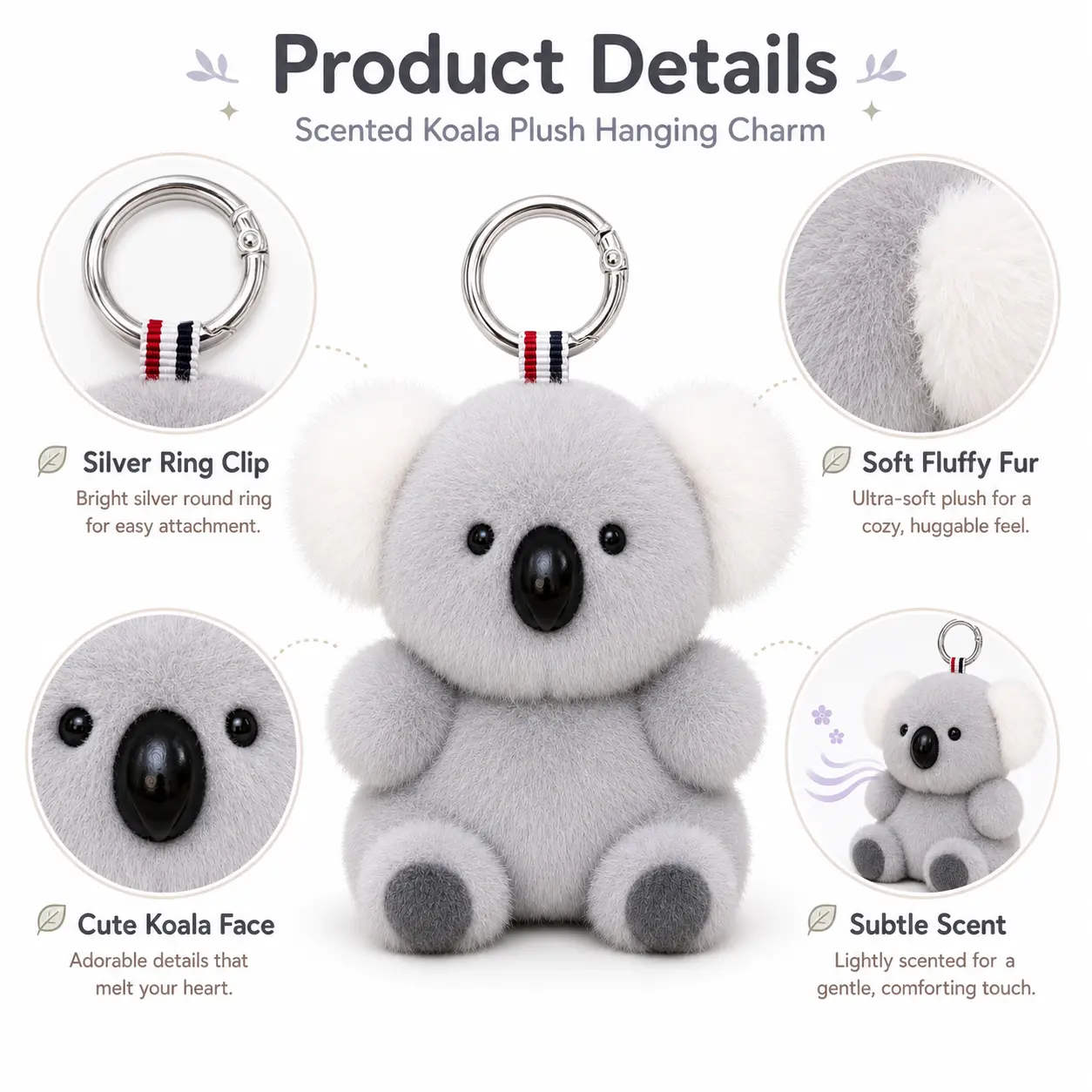 Cute Scented Koala Plush Charm | Ultra Soft Fluffy Ears Kawaii Keychain Plushie Perfect for Commuter Bags, Closets & Car Accessories Gift for Girls