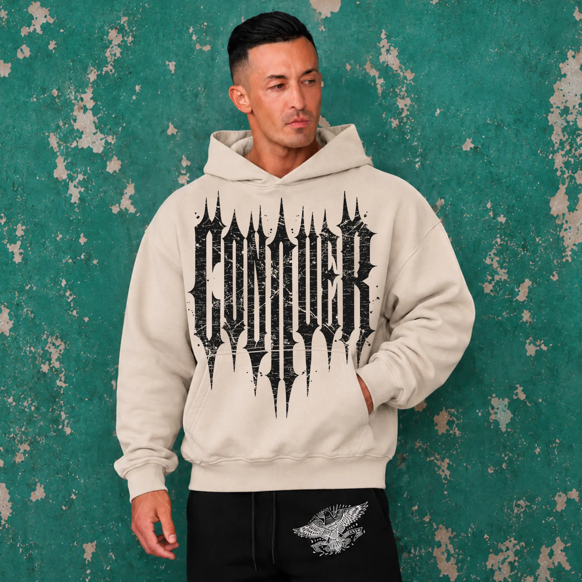 Conquer Oversize Gym Washed Hoodie, Gym Apparel, Workout Wear, Training Men's Top, Aesthetic Shirt, Discipline, Strength, Focus