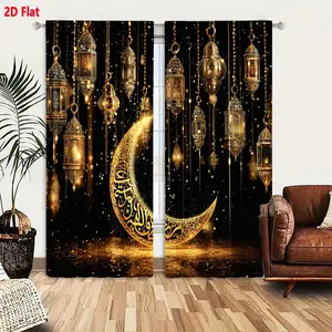 2D Flat Ramadan Eid Decorative Curtain 2-Piece Set, Golden Lanterns Crescent Moon Arabic Calligraphy Sparkles Pattern Black Background, Festive Warm Ambiance Islamic Cultural Theme, Light Filtering Thermal Insulated Home Window Drapes for Celebrati