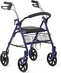 Steel Rollator Walker with Seat, Blue, 300 lb. Weight Capacity, 8” Wheels, Foldable, Adjustable Handles, For Seniors, For Mobility Impairment