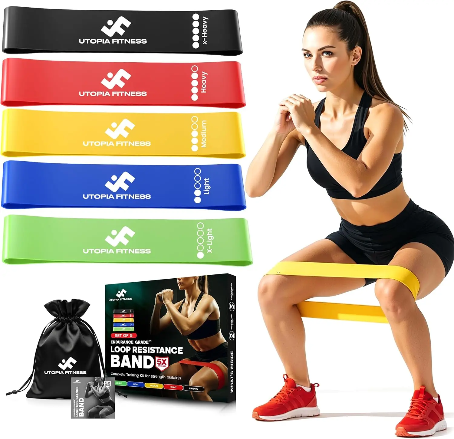 Utopia Care Loop Resistance Bands, 5-Piece Natural Rubber Non-Slip Set for Women - Gym & At Home Glute Workout Equipment, Color-Coded Strength Training & Yoga Tool
