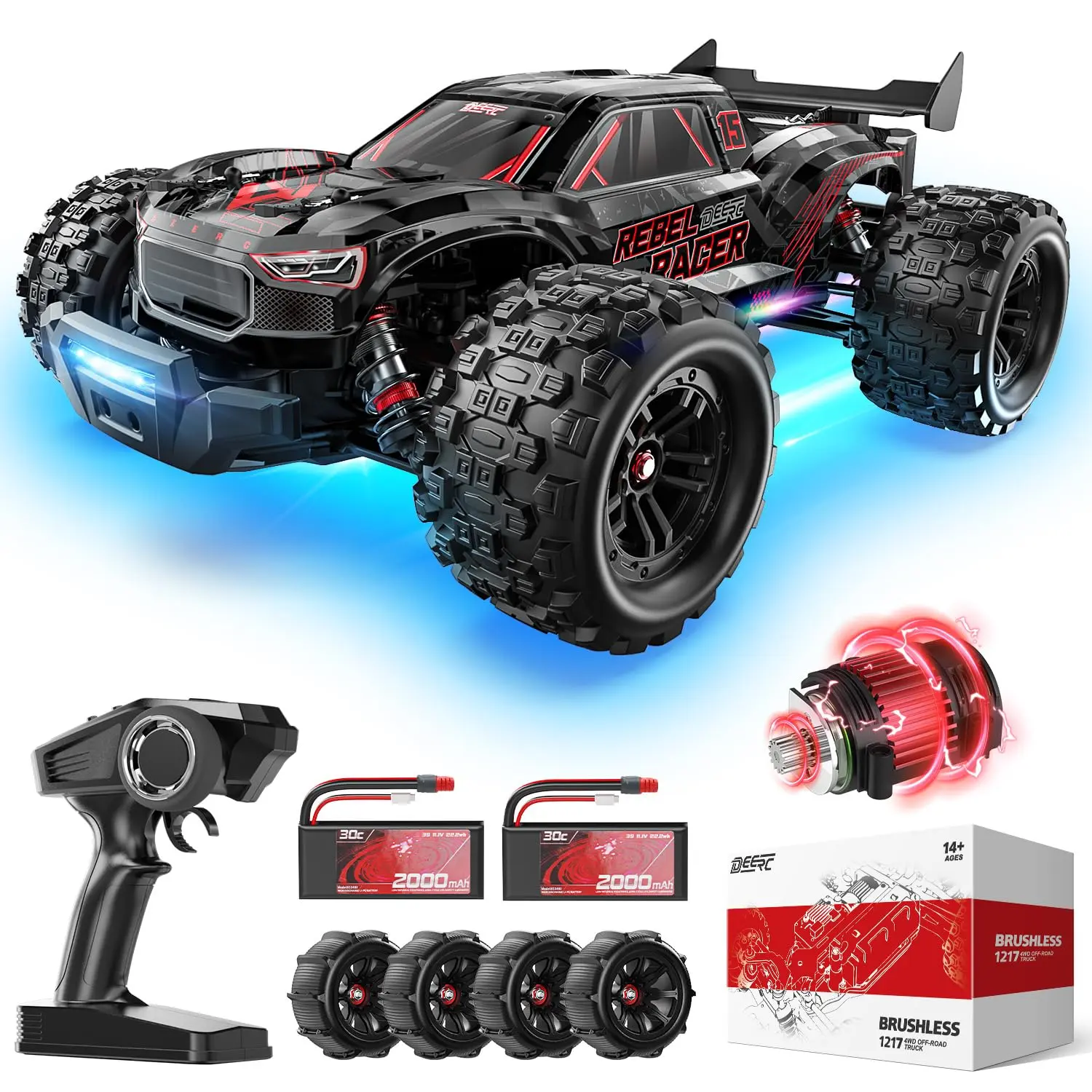 DEERC 1:14 Fast Brushless RC Cars for Adults,Max 46+ mph Off-Road RC Truck,  All Terrain  High Speed Remote Control Car for Snow,Sand&Mud